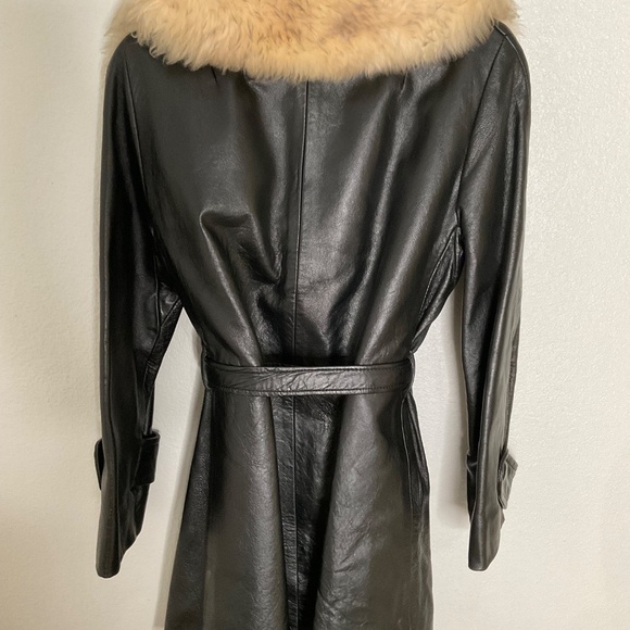 Vintage  Sears 70’s Women’s Black leather Knee Length Coat W/Fur Collar Belted S - Picture 4 of 11